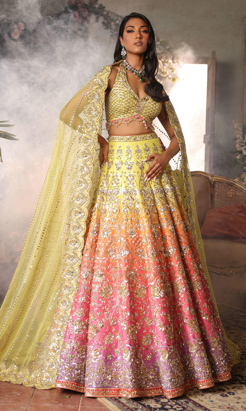 Ombre Embellished Raw Silk Lehenga Set (3-Piece) - Image 1