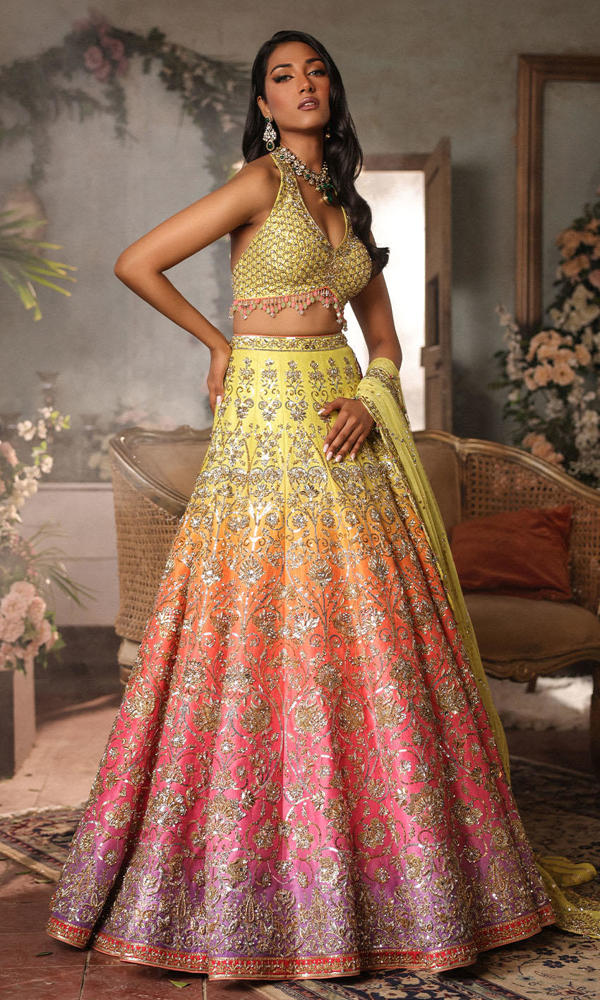 Ombre Embellished Raw Silk Lehenga Set (3-Piece) - Image 4