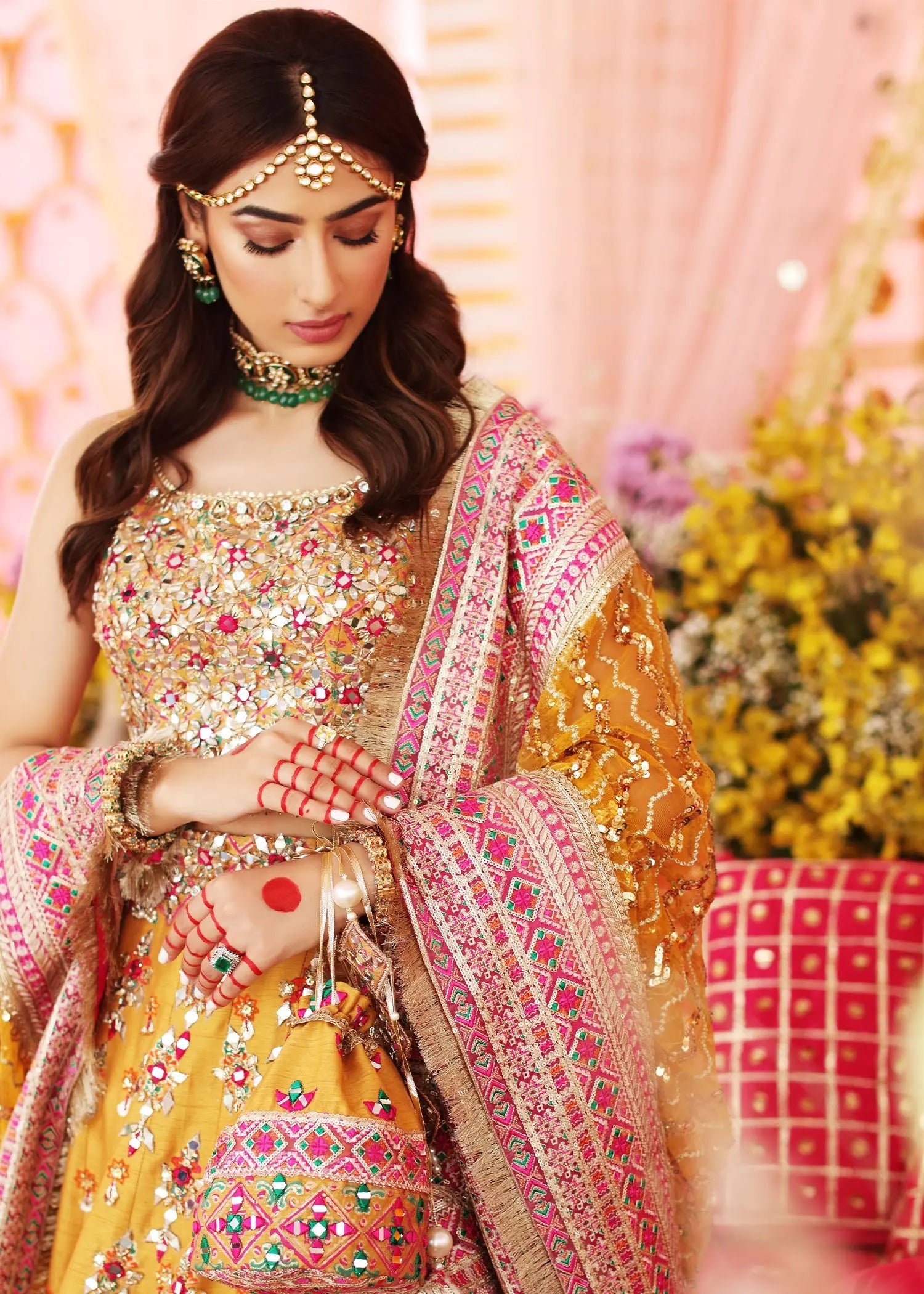 Saffron Mirror Work Raw Silk Lehenga Choli (3-Piece) - Image 2