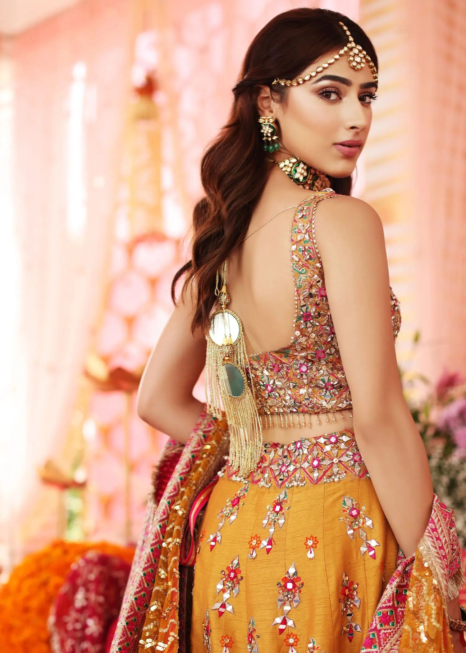 Saffron Mirror Work Raw Silk Lehenga Choli (3-Piece) - Image 3