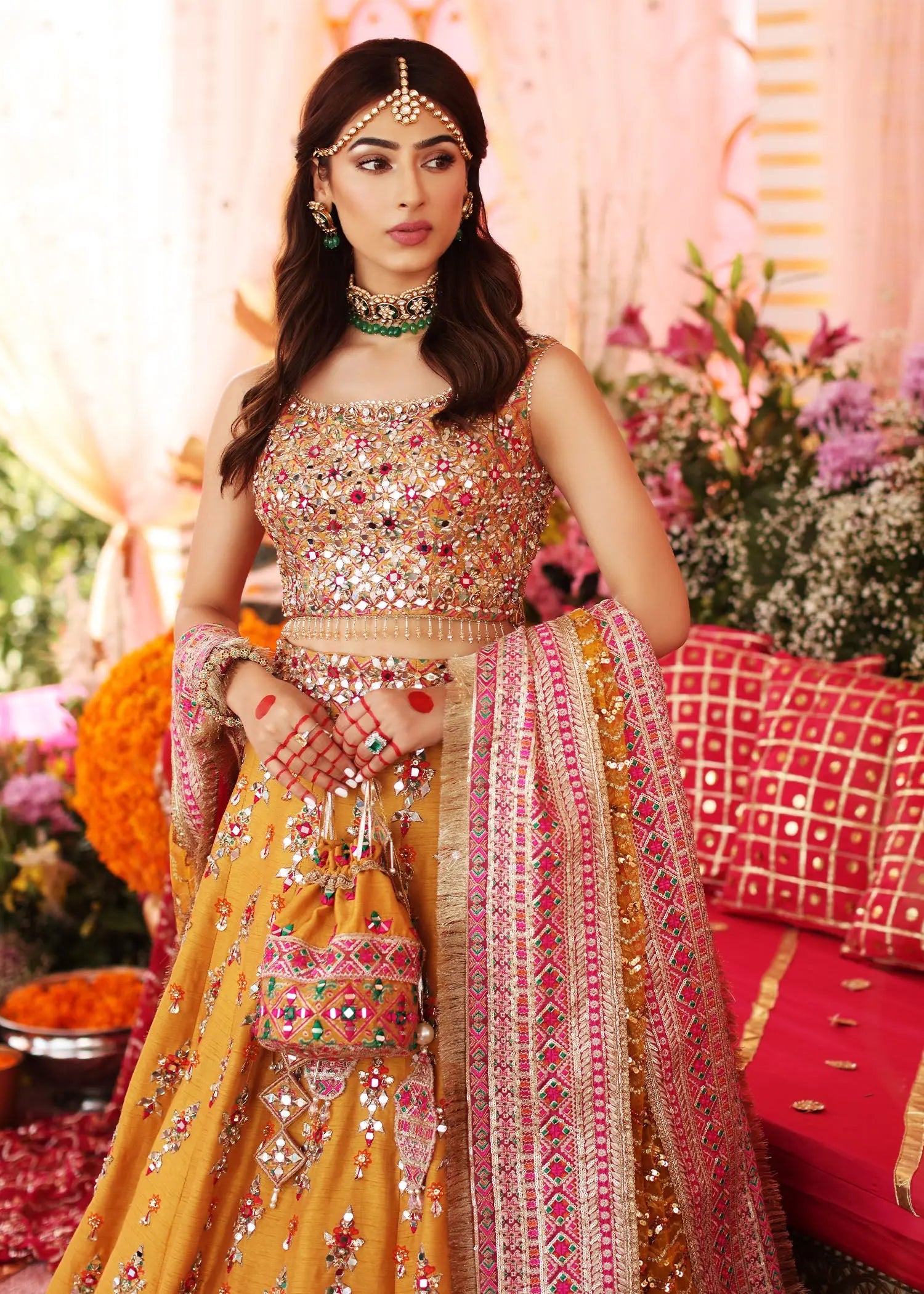 Saffron Mirror Work Raw Silk Lehenga Choli (3-Piece) - Image 4