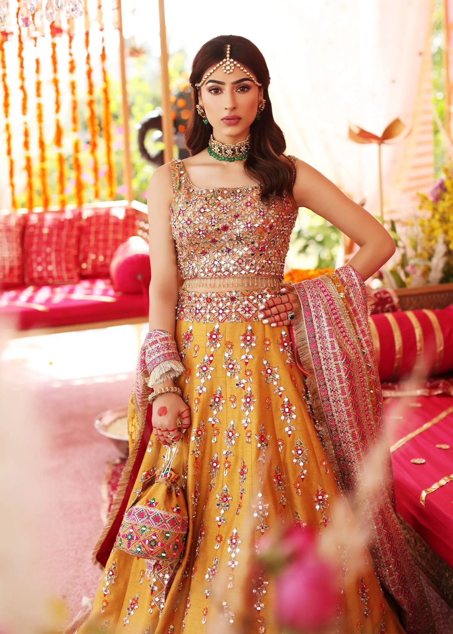 Saffron Mirror Work Raw Silk Lehenga Choli (3-Piece) - Image 5