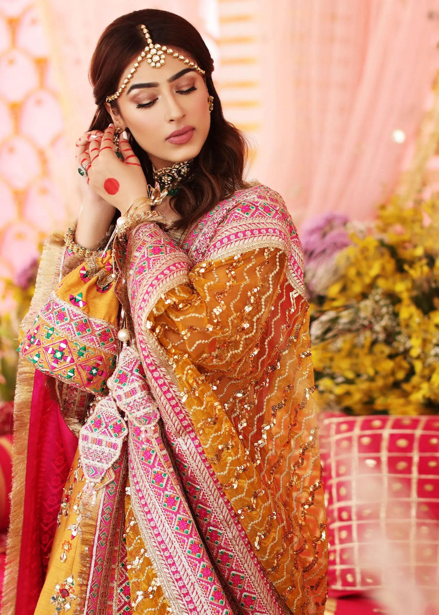 Saffron Mirror Work Raw Silk Lehenga Choli (3-Piece) - Image 6