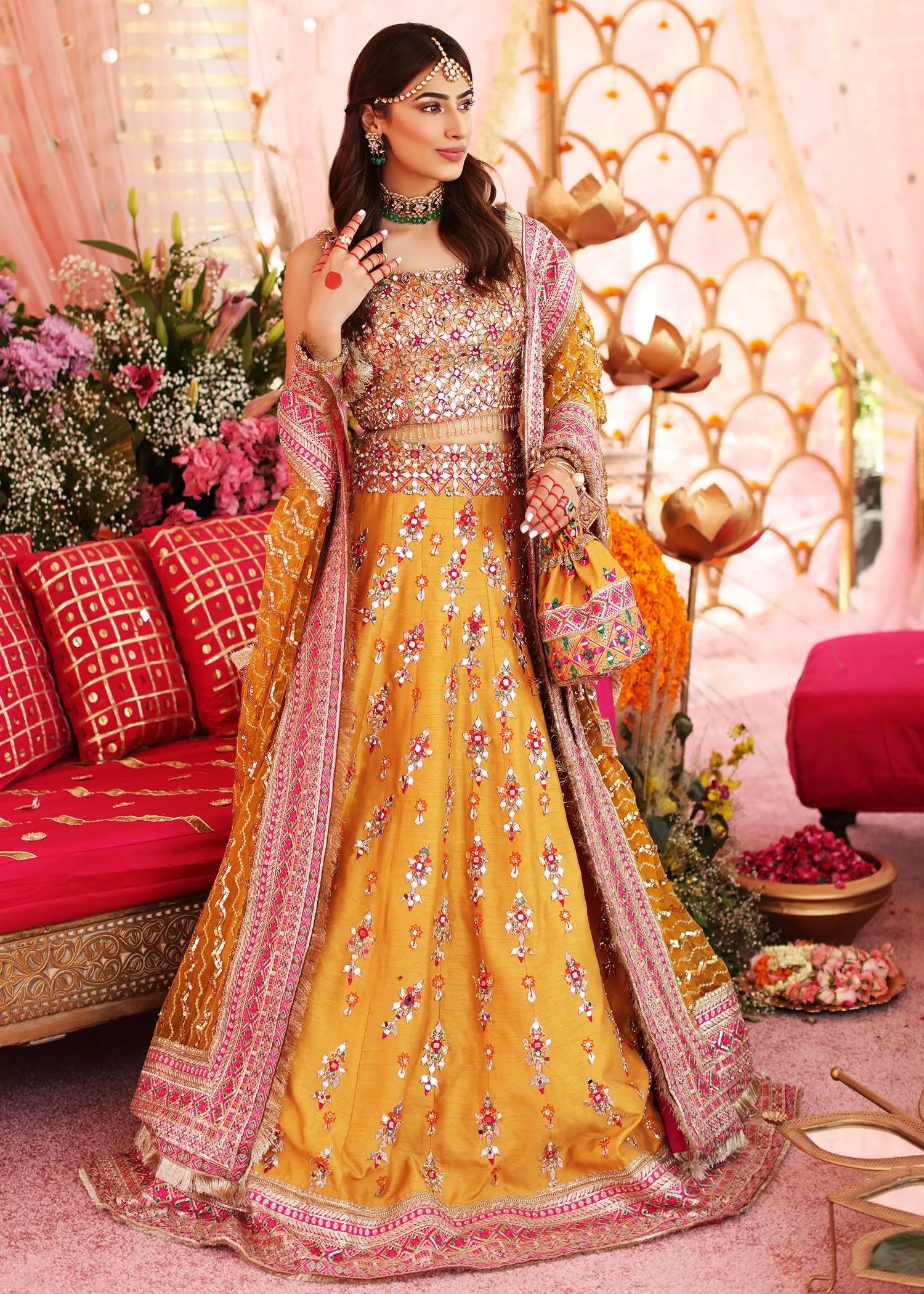 Saffron Mirror Work Raw Silk Lehenga Choli (3-Piece) - Image 7