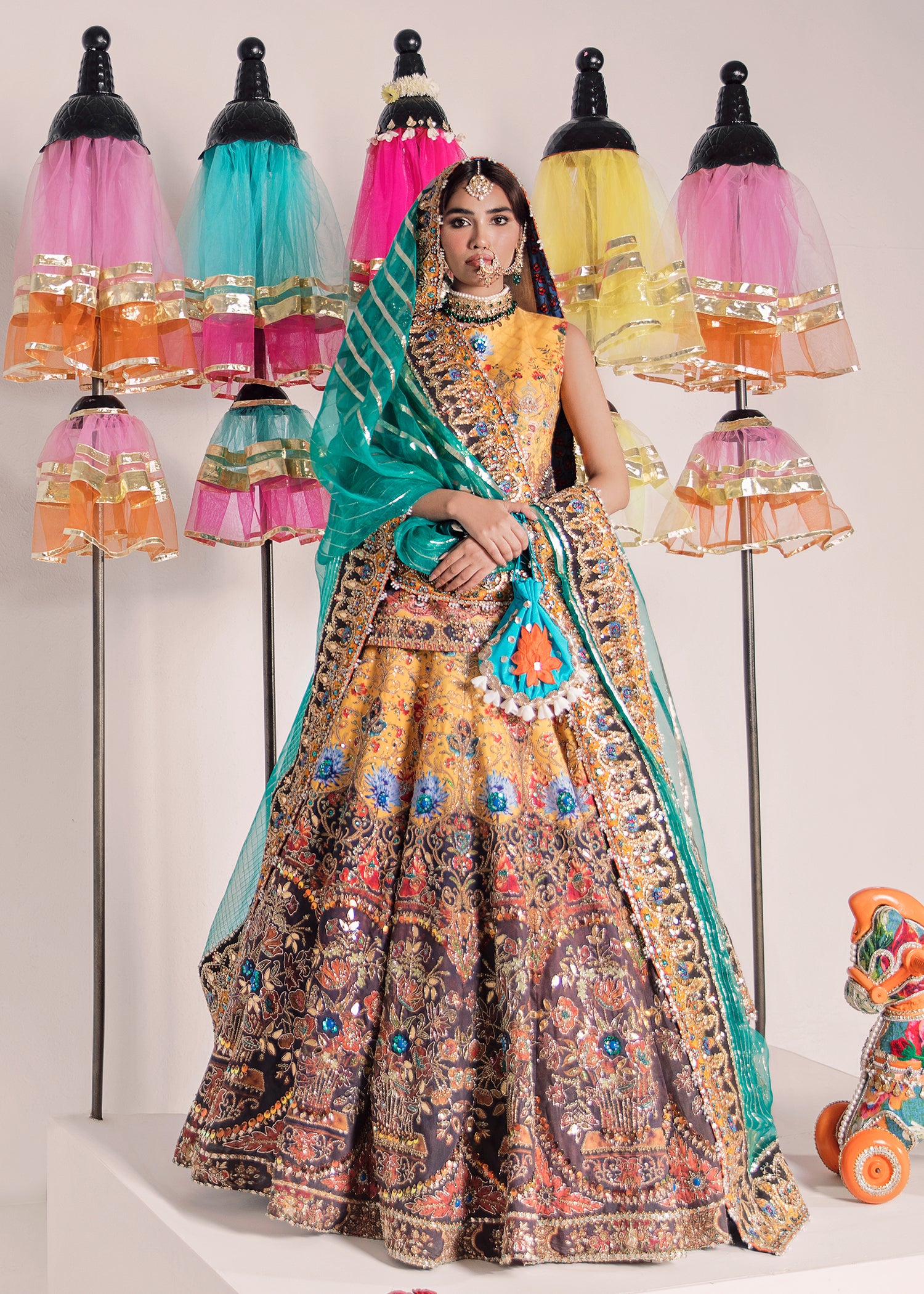 Pakistani Mustard Embellished Raw Silk Lehenga Shirt (3-Piece) - Image 1