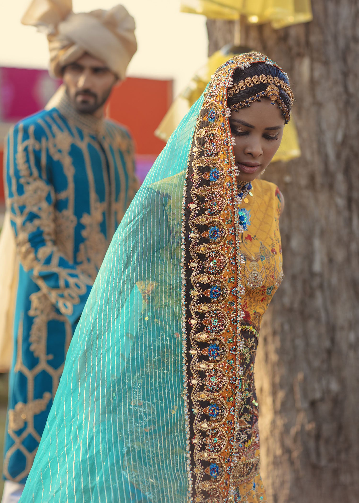 Pakistani Mustard Embellished Raw Silk Lehenga Shirt (3-Piece) - Image 11