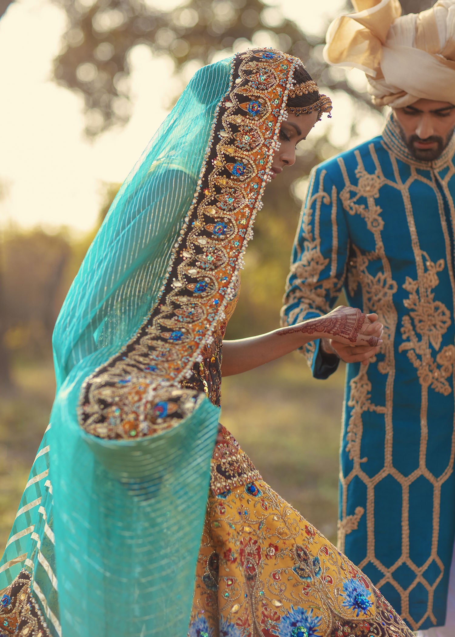 Pakistani Mustard Embellished Raw Silk Lehenga Shirt (3-Piece) - Image 12