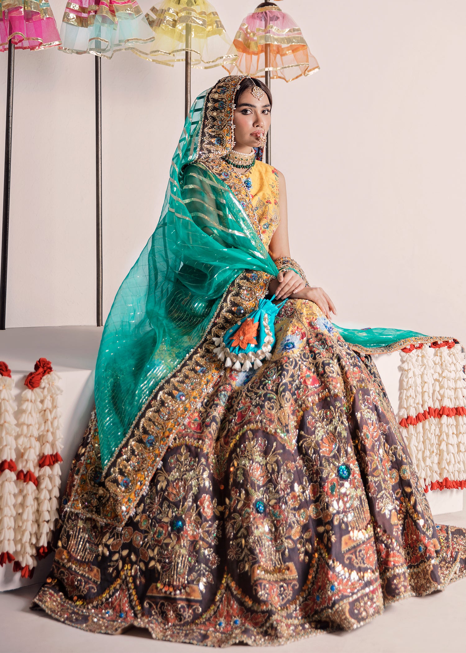 Pakistani Mustard Embellished Raw Silk Lehenga Shirt (3-Piece) - Image 2