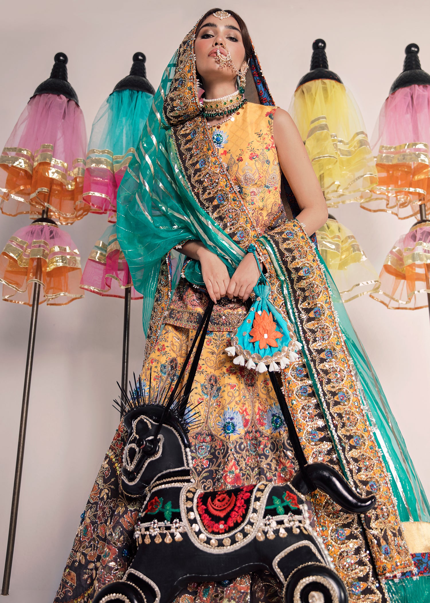 Pakistani Mustard Embellished Raw Silk Lehenga Shirt (3-Piece) - Image 3