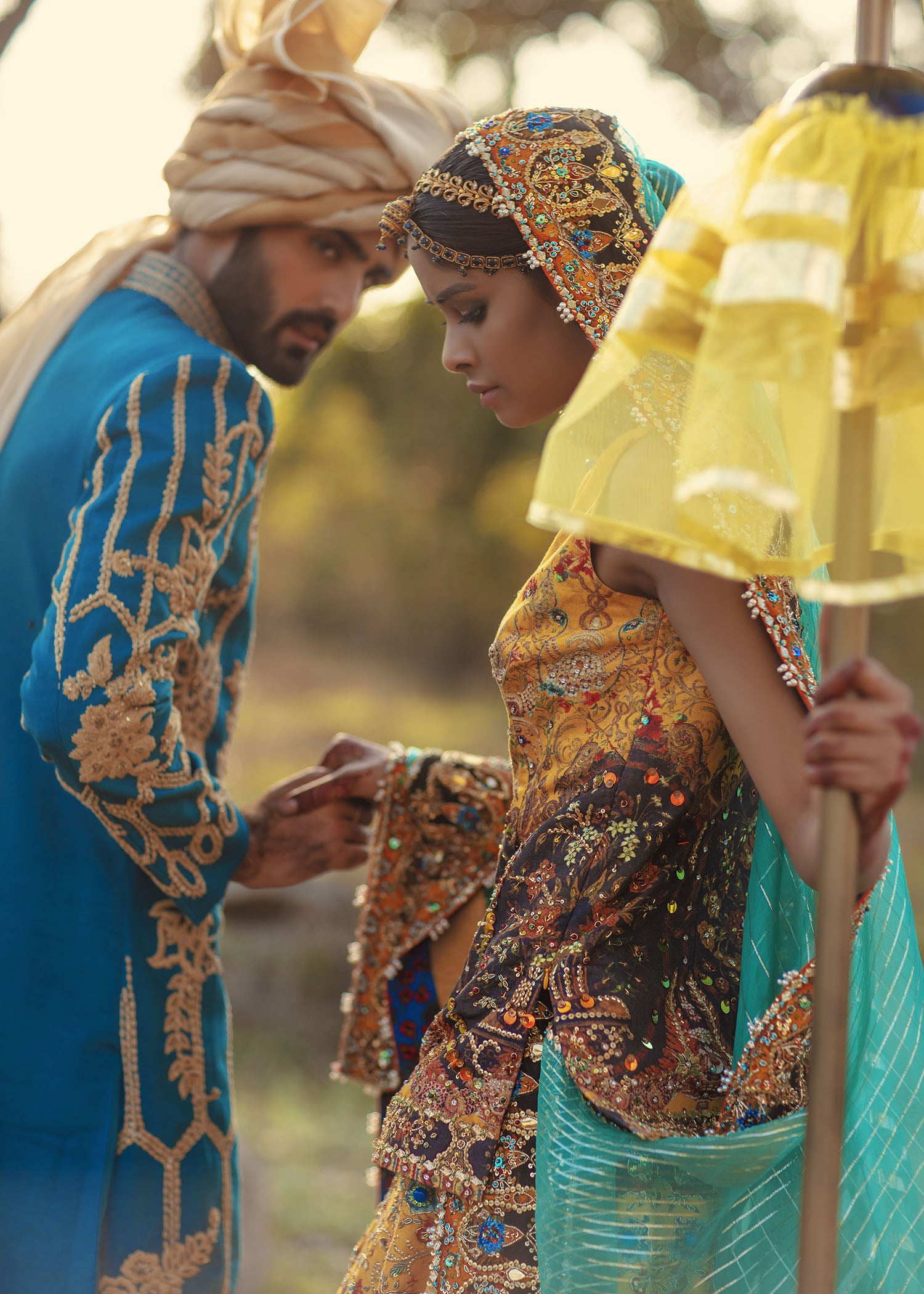 Pakistani Mustard Embellished Raw Silk Lehenga Shirt (3-Piece) - Image 9