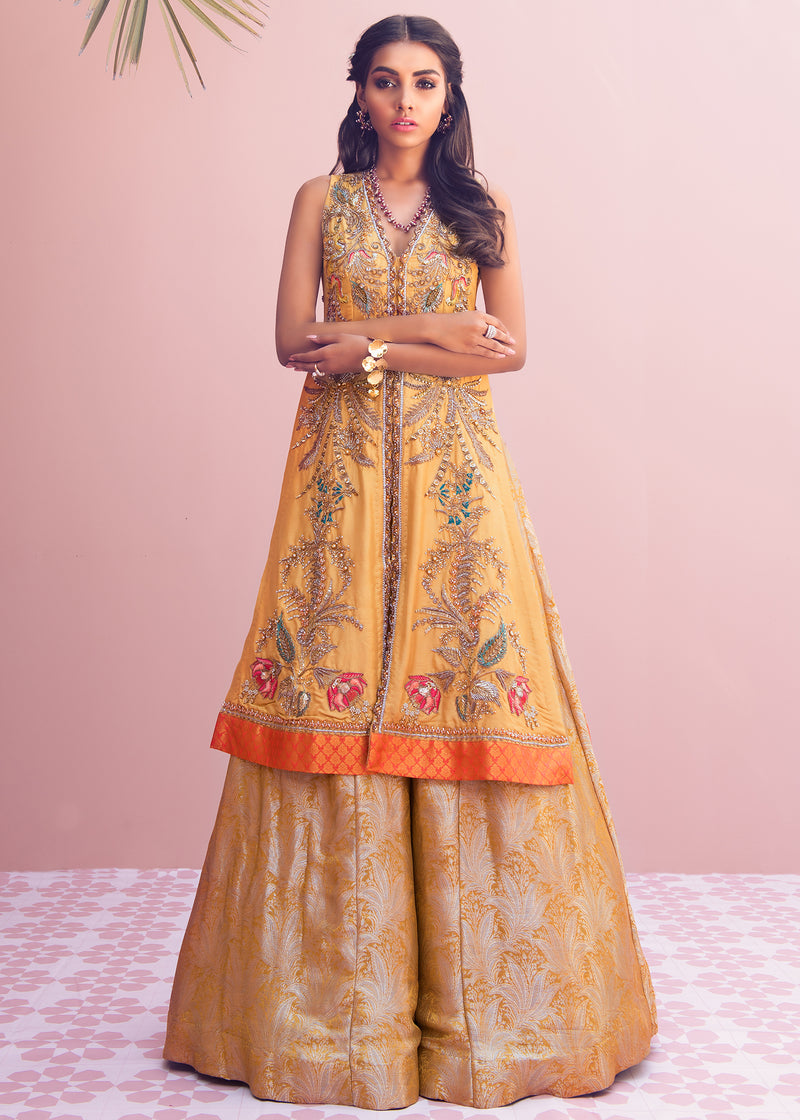 Pakistani Yellow Resham Embroidered Raw Silk & Brocade Lehenga (3-Piece) - Image 1