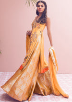 Pakistani Yellow Resham Embroidered Raw Silk & Brocade Lehenga (3-Piece) - Image 4