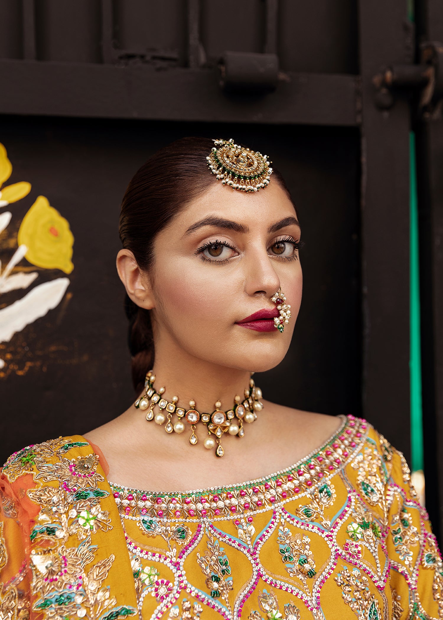 Pakistani Yellow & Orange Embroidered Raw Silk Lehenga Choli (3-Piece) - Image 2