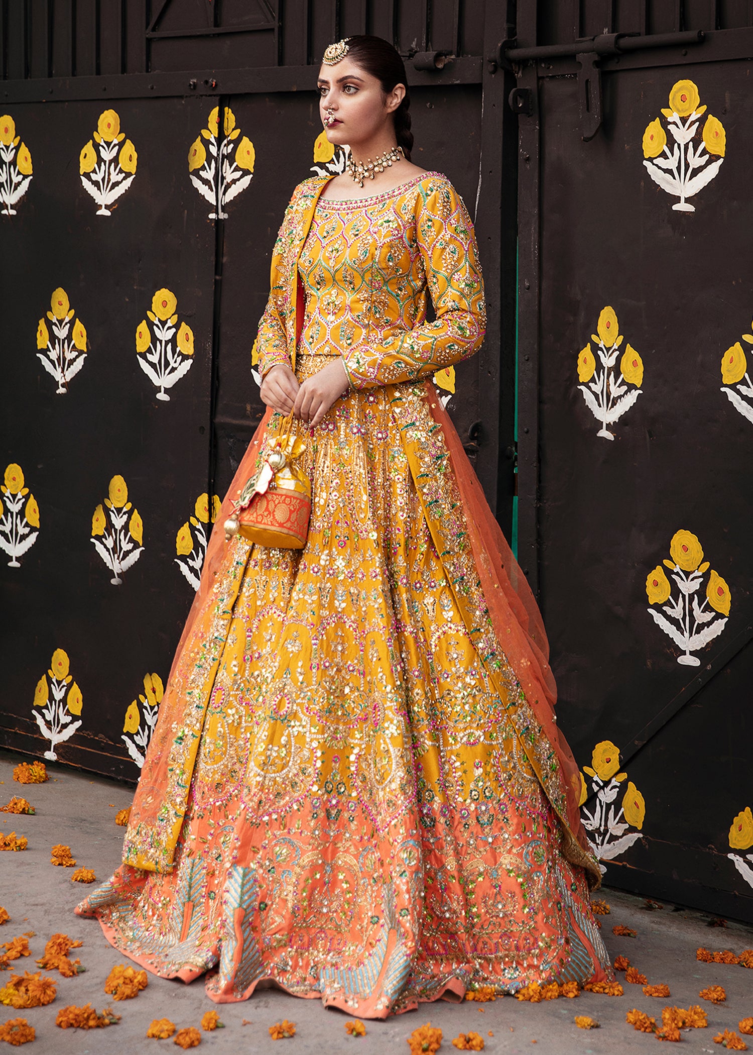 Pakistani Yellow & Orange Embroidered Raw Silk Lehenga Choli (3-Piece) - Image 4