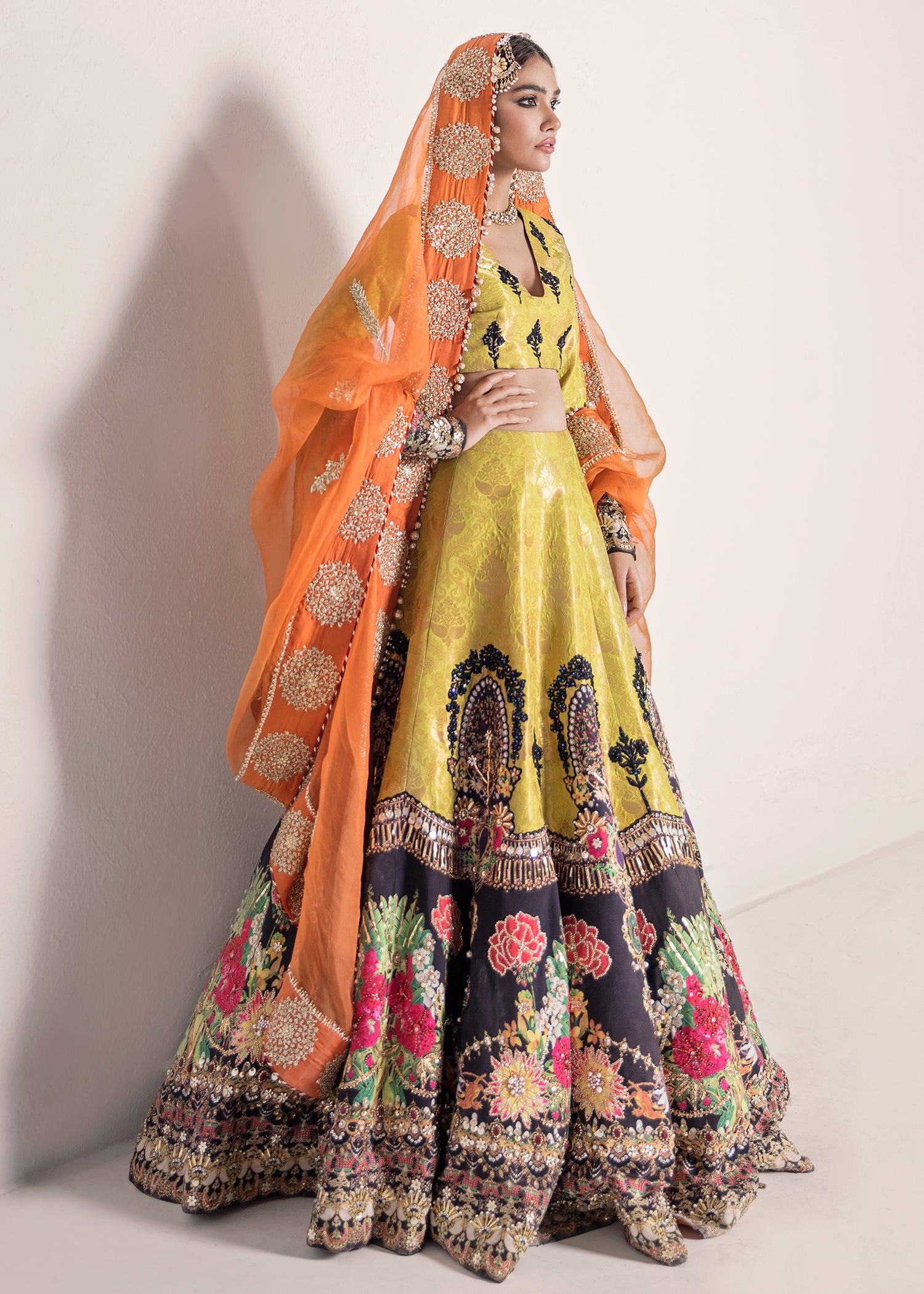 Pakistani Yellow Sequin & Gota Raw Silk Lehenga (3-Piece) - Image 5