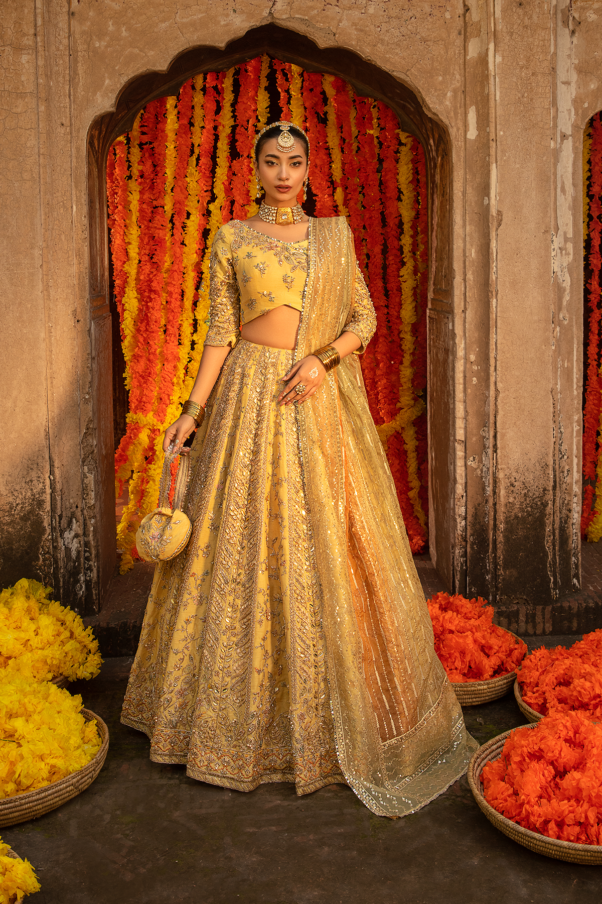 Pastel Yellow Embellished Raw Silk Lehenga Choli (3-Piece) - Image 1
