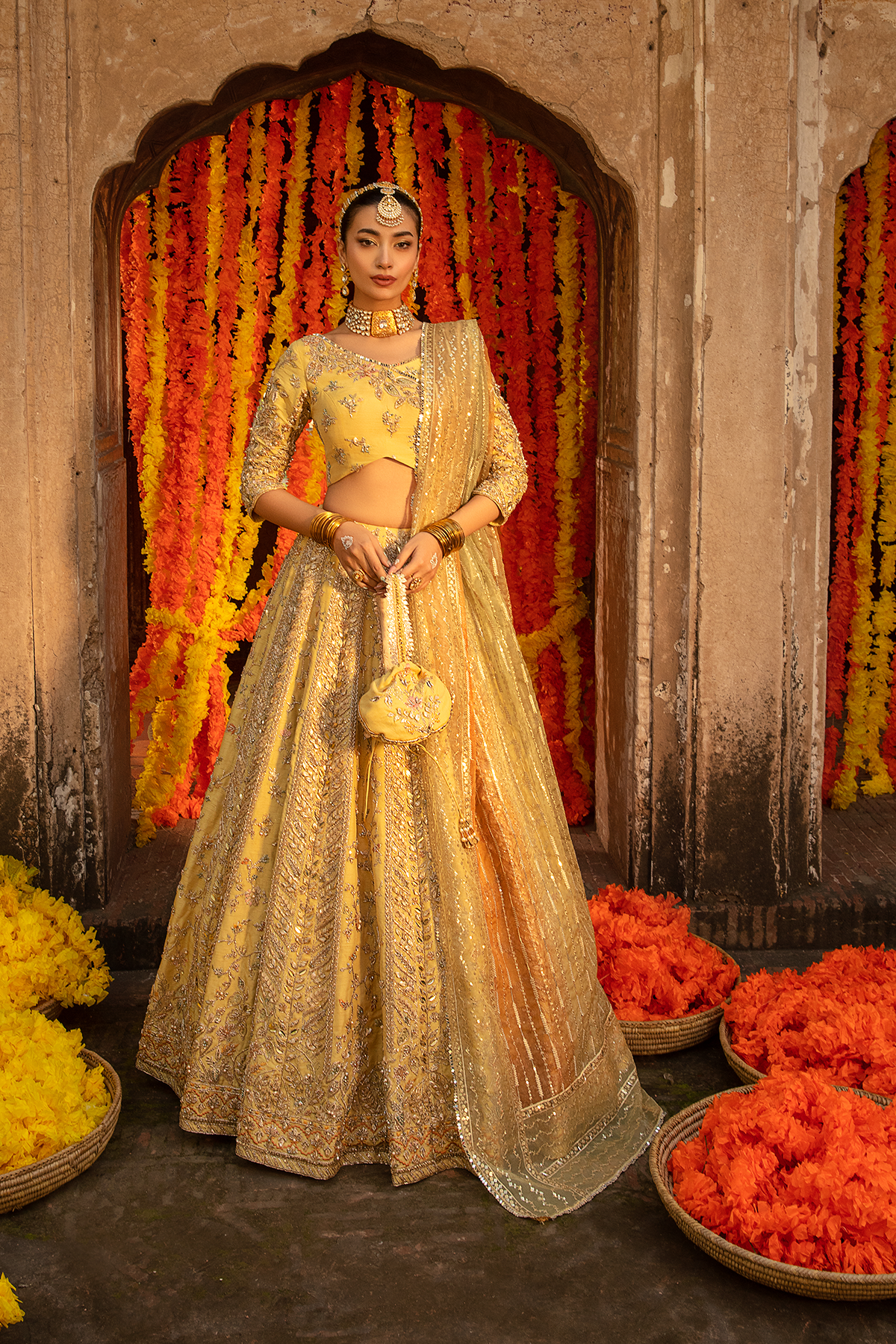 Pastel Yellow Embellished Raw Silk Lehenga Choli (3-Piece) - Image 4
