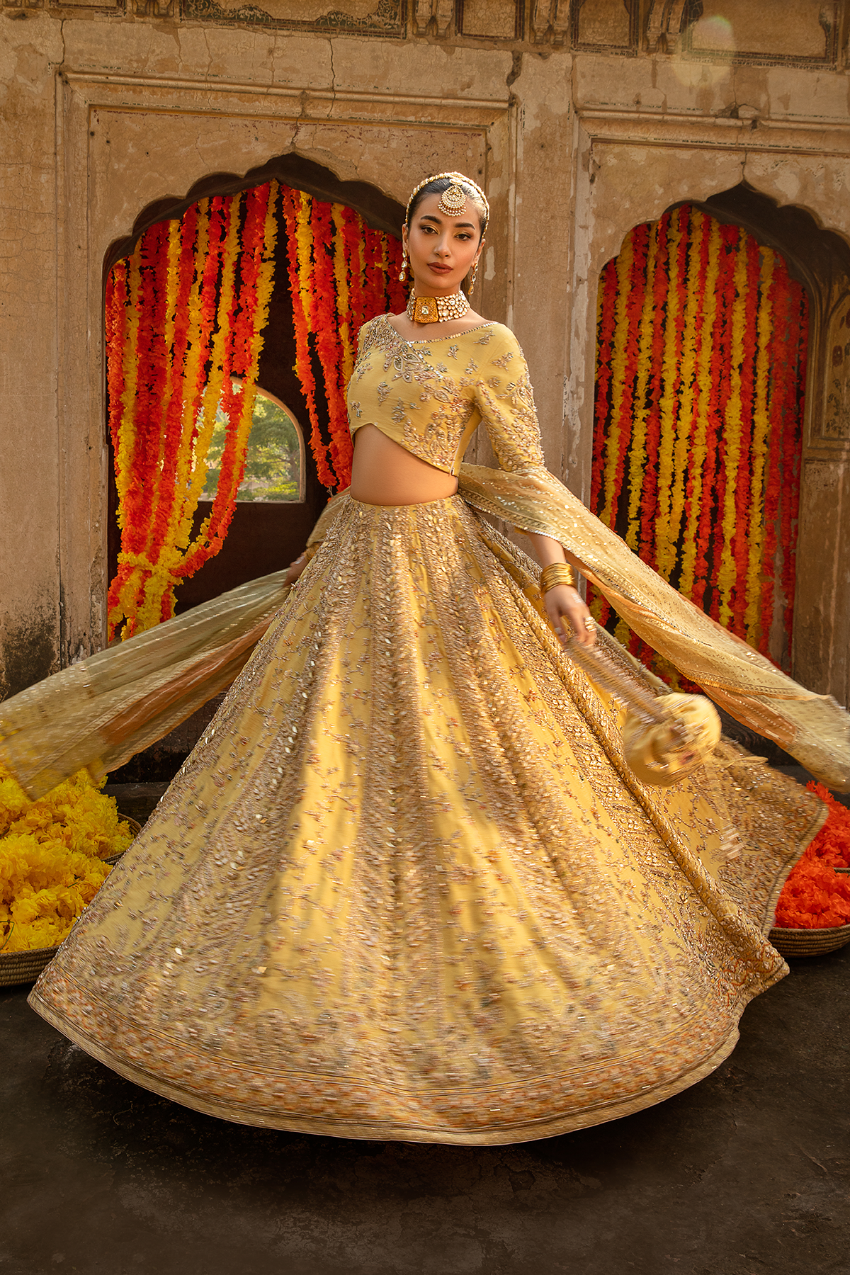 Pastel Yellow Embellished Raw Silk Lehenga Choli (3-Piece) - Image 5
