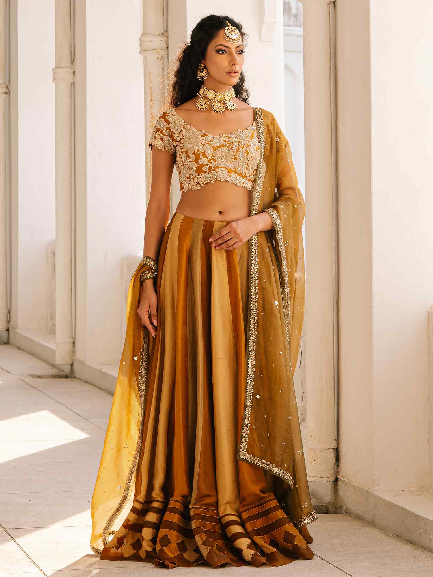 Pakistani Saffron Velvet Appliqué Raw Silk Lehenga Choli (3-Piece) - Image 1