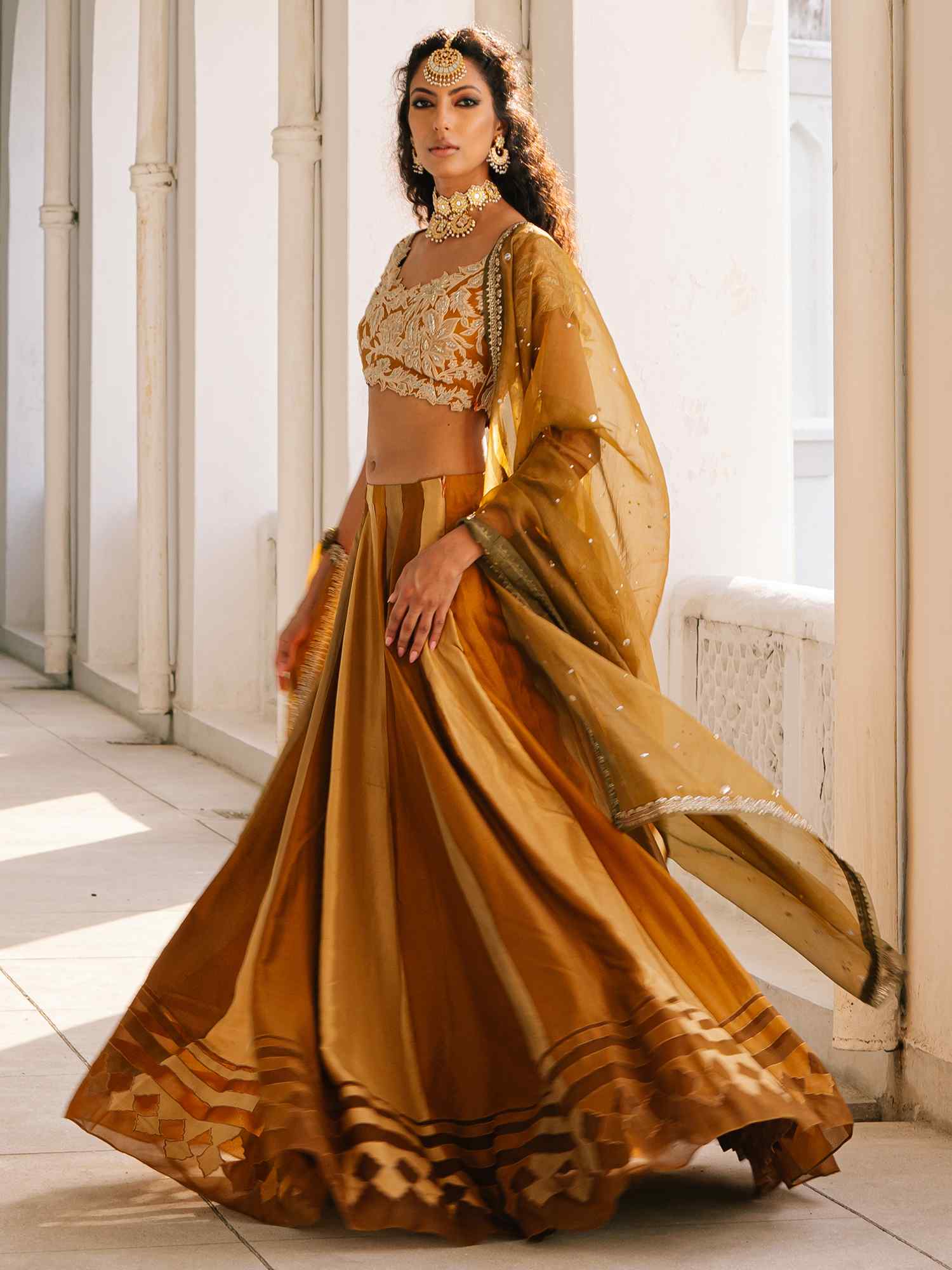 Pakistani Saffron Velvet Appliqué Raw Silk Lehenga Choli (3-Piece) - Image 3