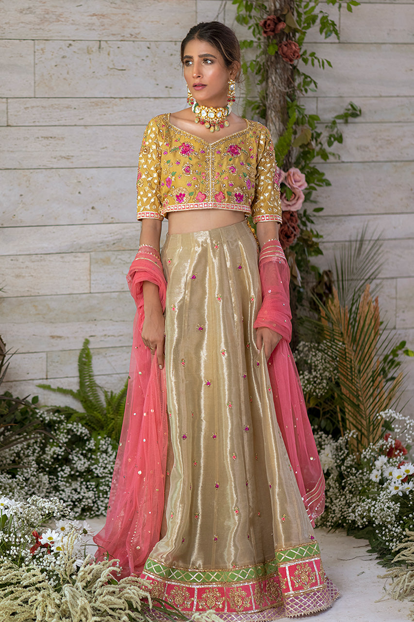 Mustard Zardozi Raw Silk Lehenga Choli (3-Piece) - Image 1