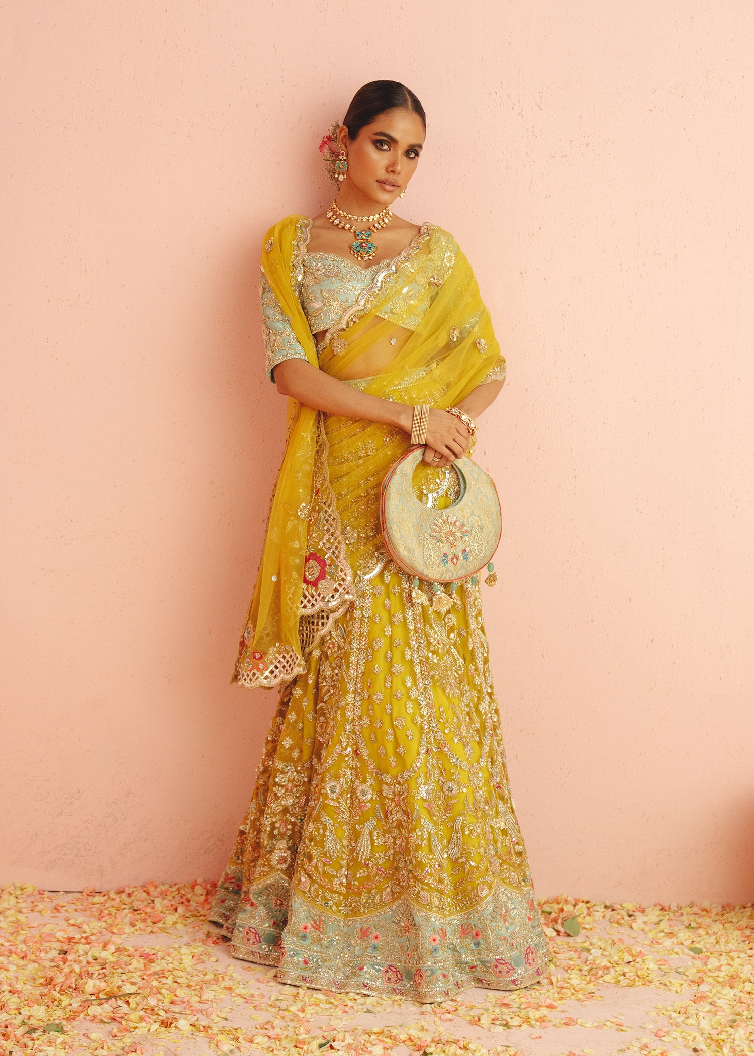 Pakistani Yellow Embroidered Net Lehenga with Aqua Raw Silk Choli (3-Piece) - Image 1