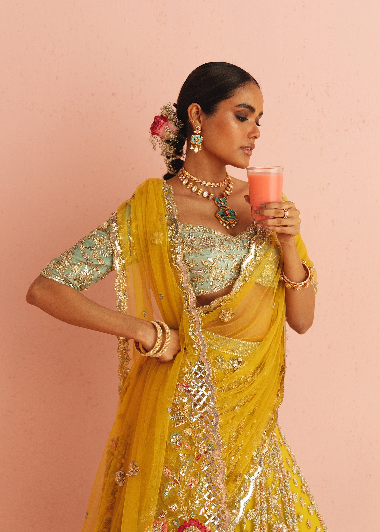 Pakistani Yellow Embroidered Net Lehenga with Aqua Raw Silk Choli (3-Piece) - Image 2