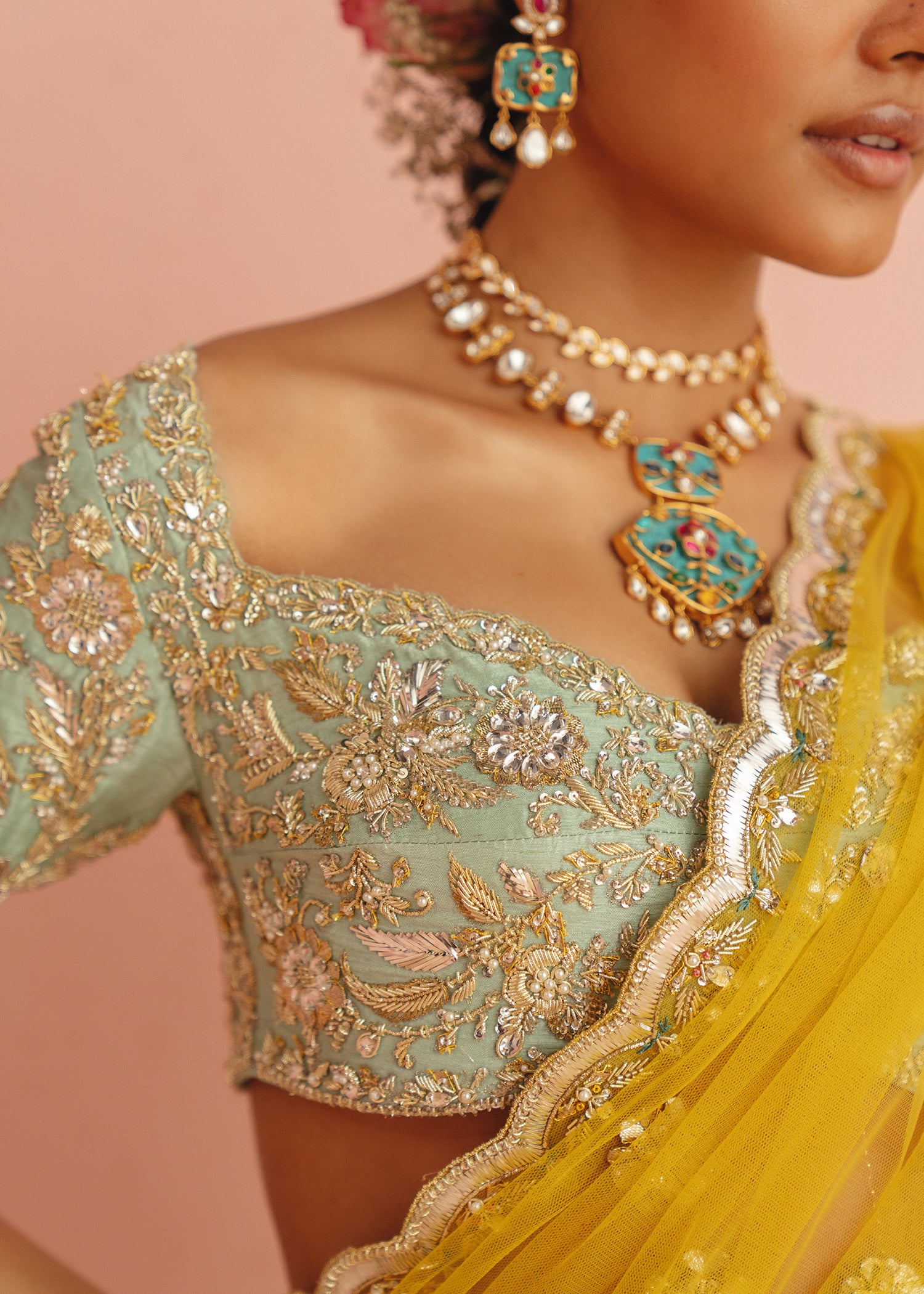 Pakistani Yellow Embroidered Net Lehenga with Aqua Raw Silk Choli (3-Piece) - Image 3