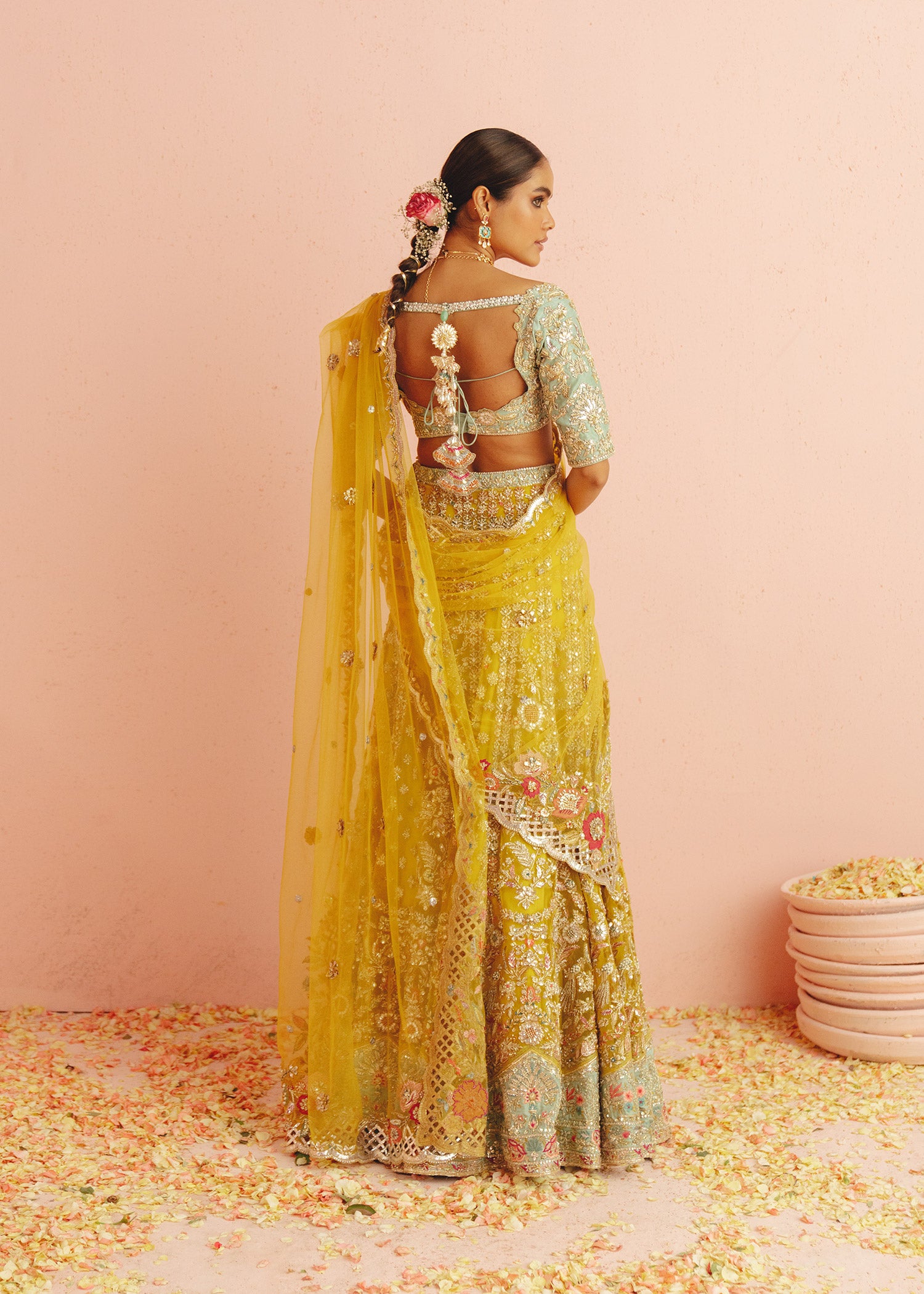 Pakistani Yellow Embroidered Net Lehenga with Aqua Raw Silk Choli (3-Piece) - Image 4
