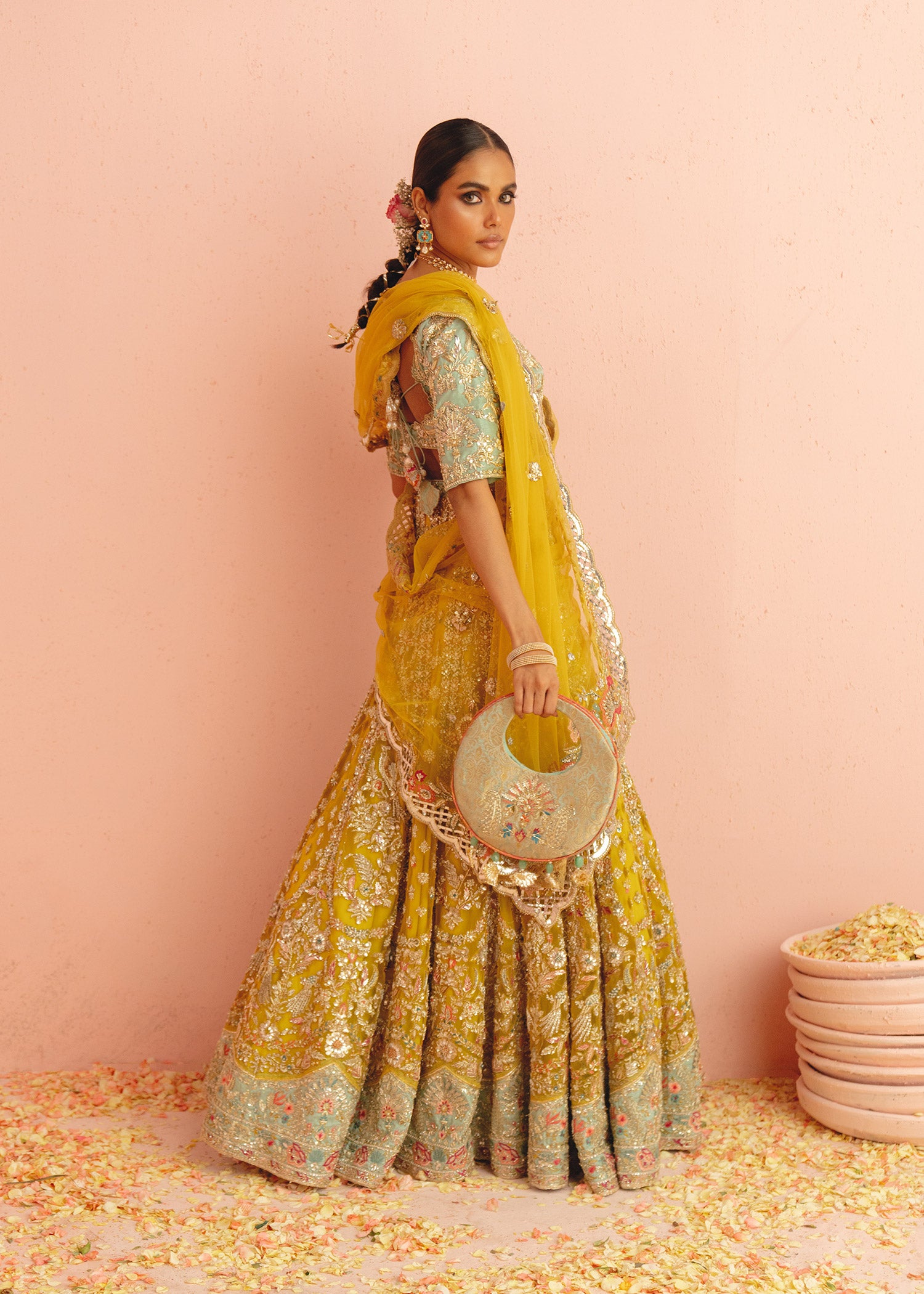 Pakistani Yellow Embroidered Net Lehenga with Aqua Raw Silk Choli (3-Piece) - Image 5