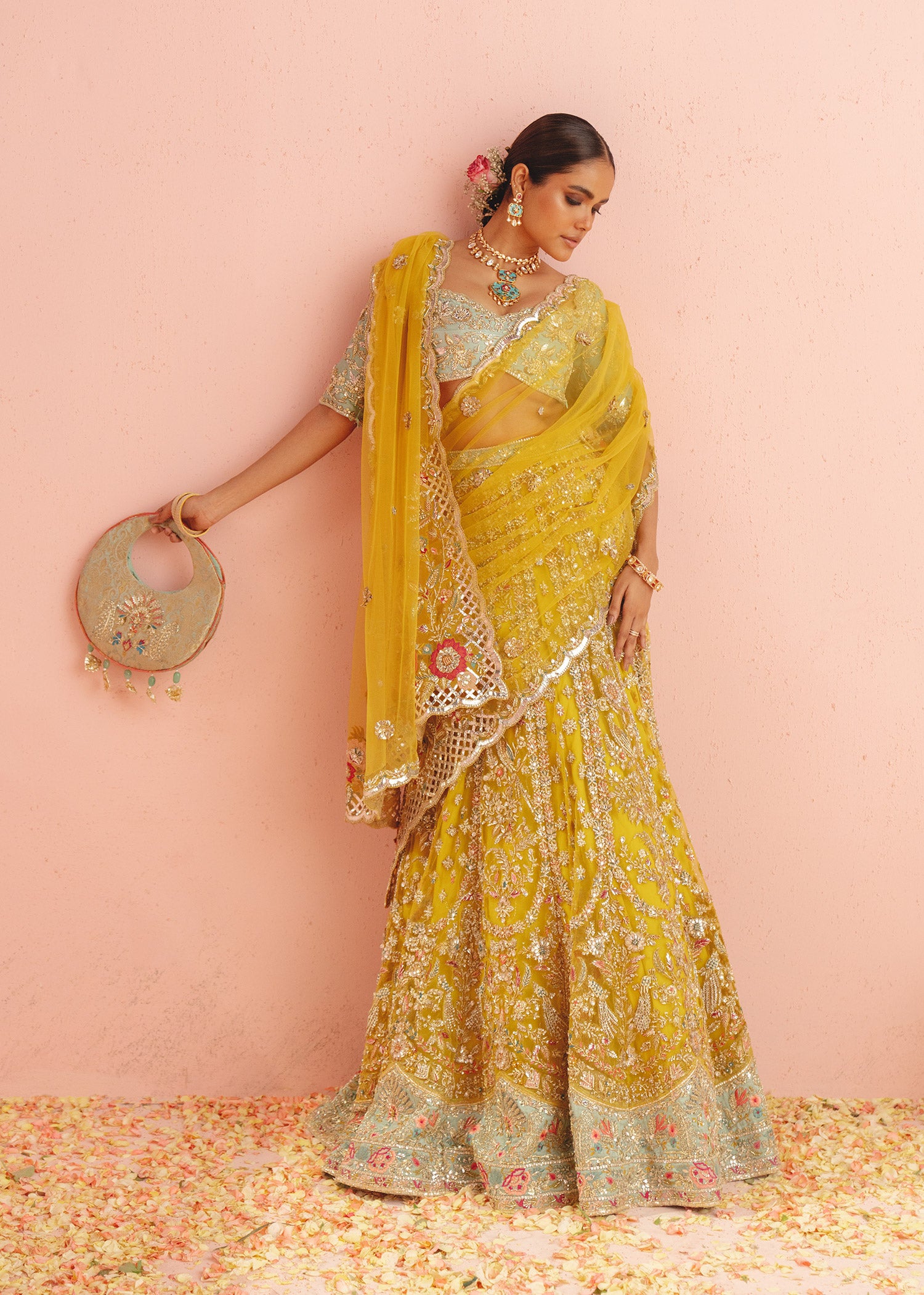 Pakistani Yellow Embroidered Net Lehenga with Aqua Raw Silk Choli (3-Piece) - Image 6
