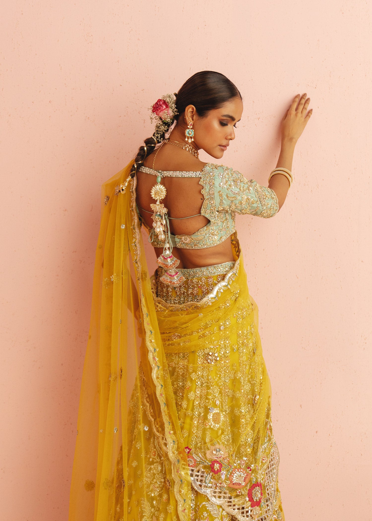 Pakistani Yellow Embroidered Net Lehenga with Aqua Raw Silk Choli (3-Piece) - Image 7