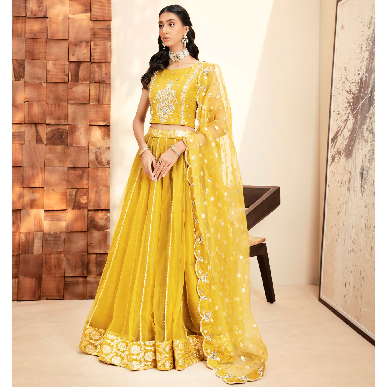 Mikado Yellow Zardozi Raw Silk Kalidar Lehenga (3-Piece) - Image 1