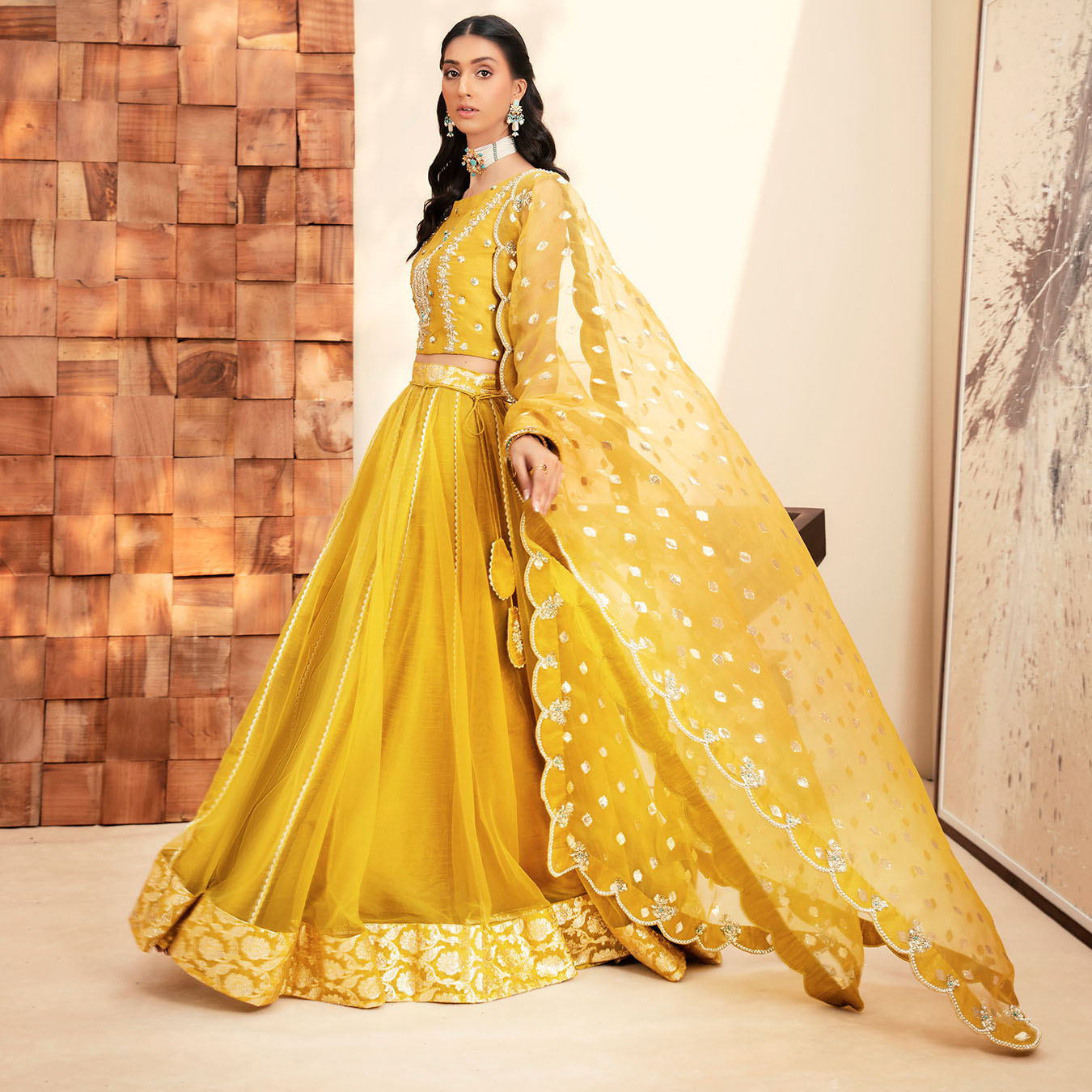 Mikado Yellow Zardozi Raw Silk Kalidar Lehenga (3-Piece) - Image 2