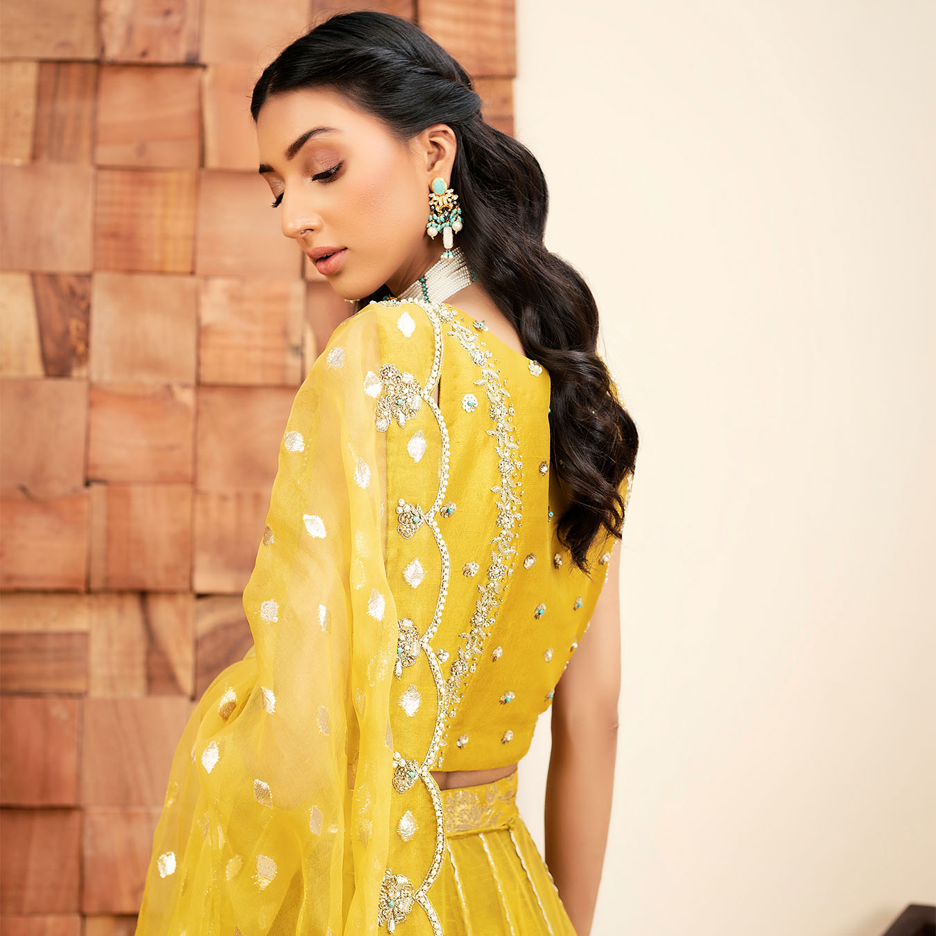 Mikado Yellow Zardozi Raw Silk Kalidar Lehenga (3-Piece) - Image 5