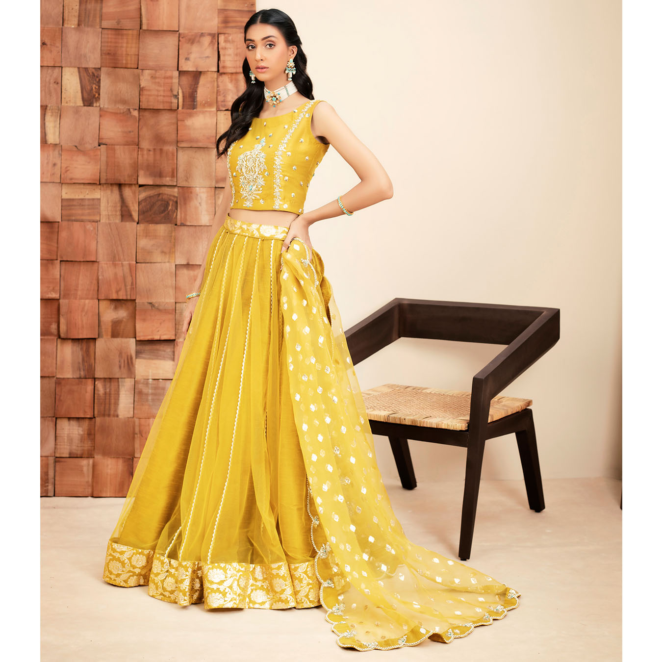 Mikado Yellow Zardozi Raw Silk Kalidar Lehenga (3-Piece) - Image 6