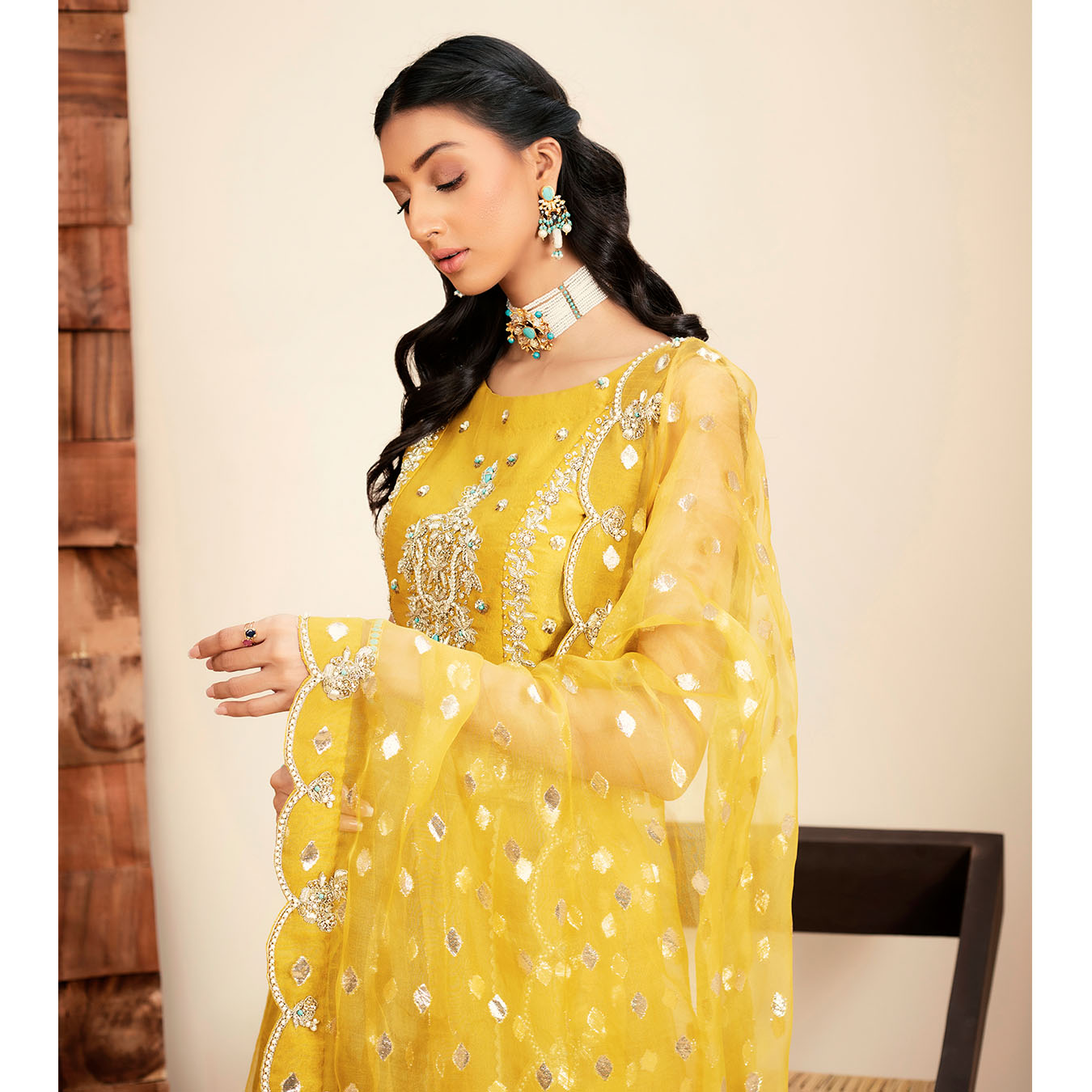 Mikado Yellow Zardozi Raw Silk Kalidar Lehenga (3-Piece) - Image 7