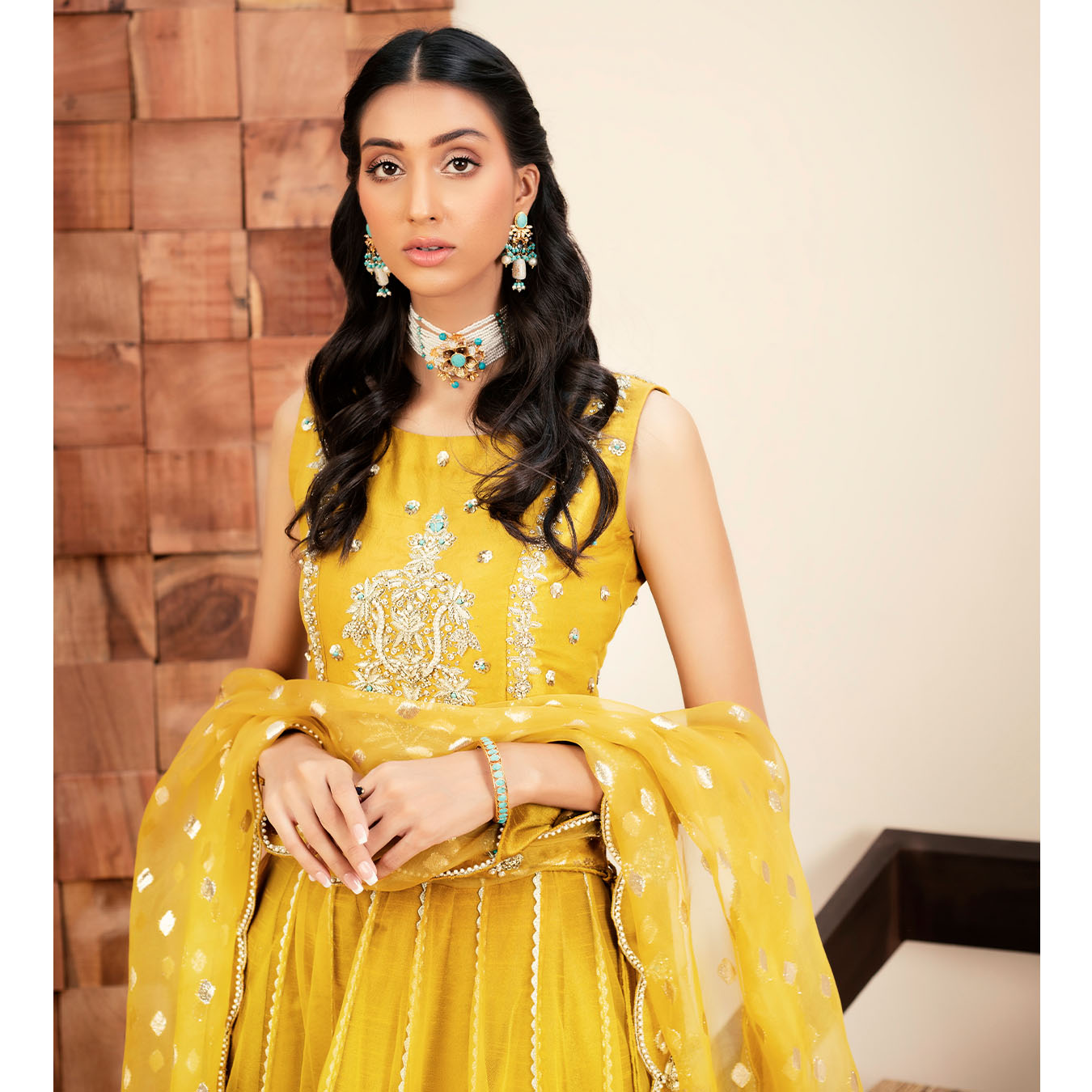 Mikado Yellow Zardozi Raw Silk Kalidar Lehenga (3-Piece) - Image 8