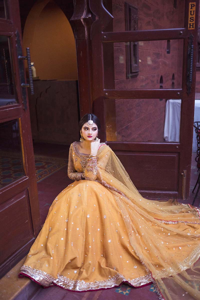 Pakistani Mustard Embroidered Net & Raw Silk Lehenga Choli (3-Piece) - Image 1
