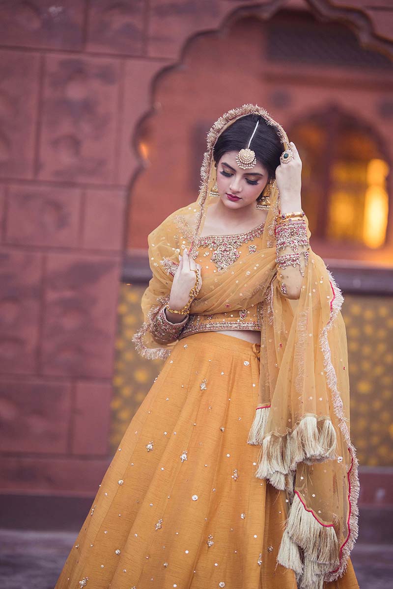 Pakistani Mustard Embroidered Net & Raw Silk Lehenga Choli (3-Piece) - Image 3