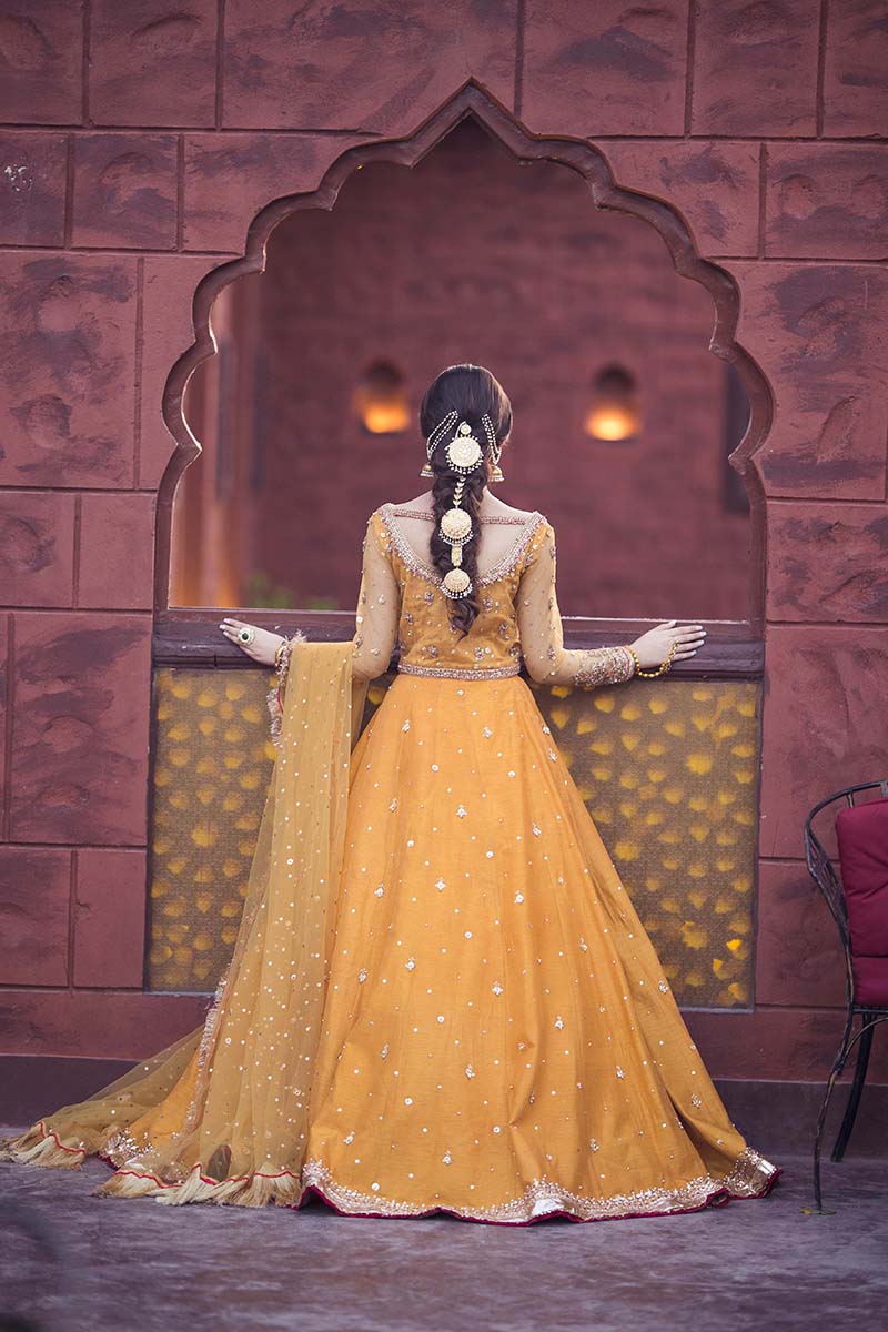 Pakistani Mustard Embroidered Net & Raw Silk Lehenga Choli (3-Piece) - Image 4