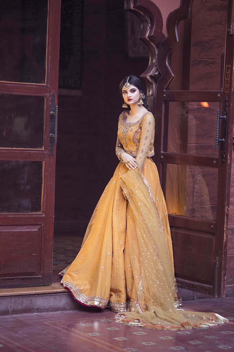 Pakistani Mustard Embroidered Net & Raw Silk Lehenga Choli (3-Piece) - Image 5