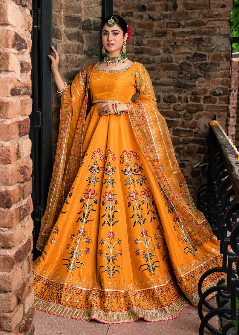 Mustard Handworked Korean Rawsilk Lehnga Choli (3-Piece) - Image 1