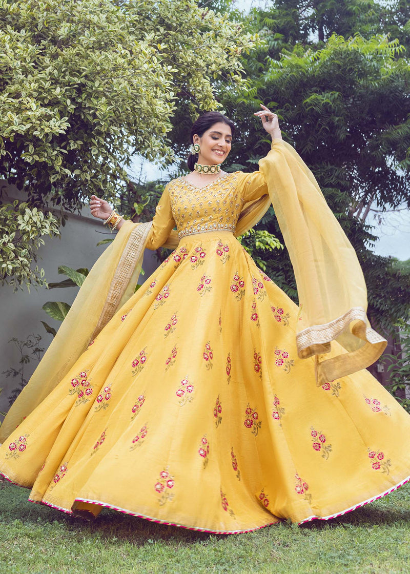 Mustard Embroidered Korean Rawsilk Lehnga Choli (3-Piece) - Image 1