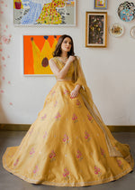 Mustard Embroidered Korean Rawsilk Lehnga Choli (3-Piece) - Image 5
