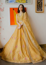 Mustard Embroidered Korean Rawsilk Lehnga Choli (3-Piece) - Image 7
