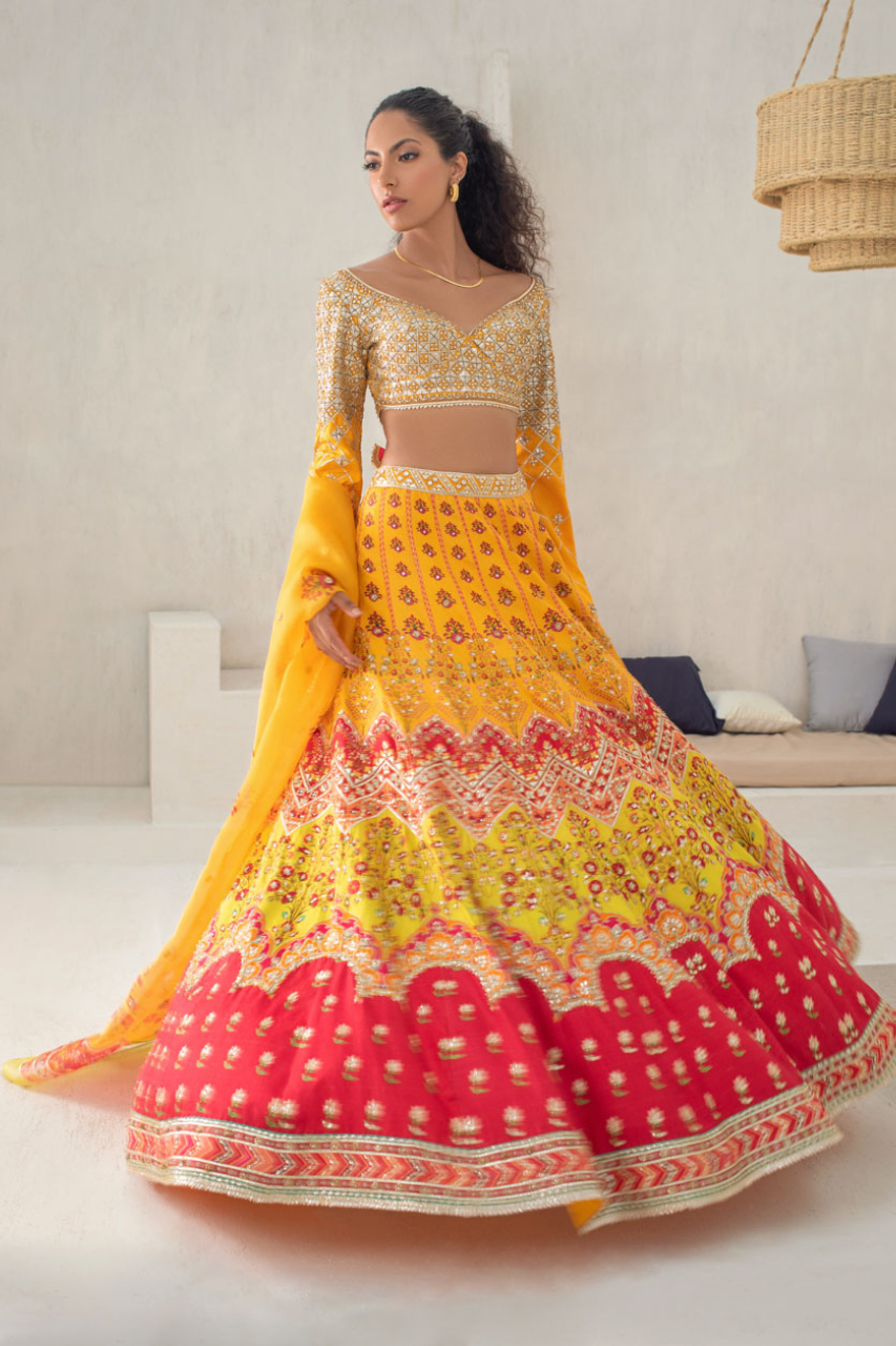 Pakistani Canary Yellow Gota Self Jamawar Lehenga Choli (3-Piece) - Image 1