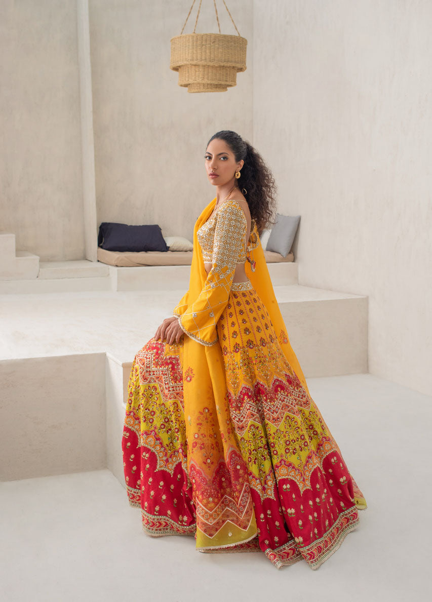 Pakistani Canary Yellow Gota Self Jamawar Lehenga Choli (3-Piece) - Image 2