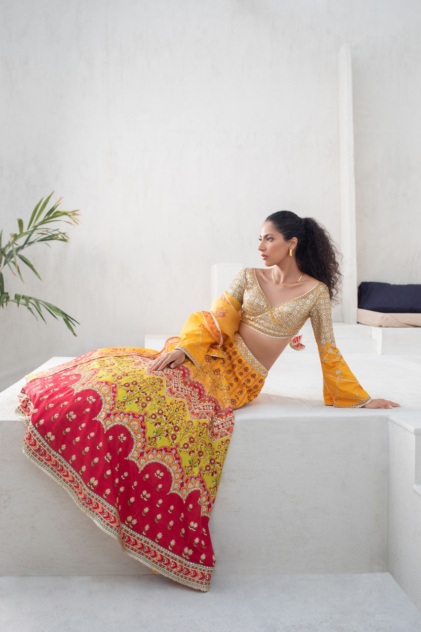 Pakistani Canary Yellow Gota Self Jamawar Lehenga Choli (3-Piece) - Image 3