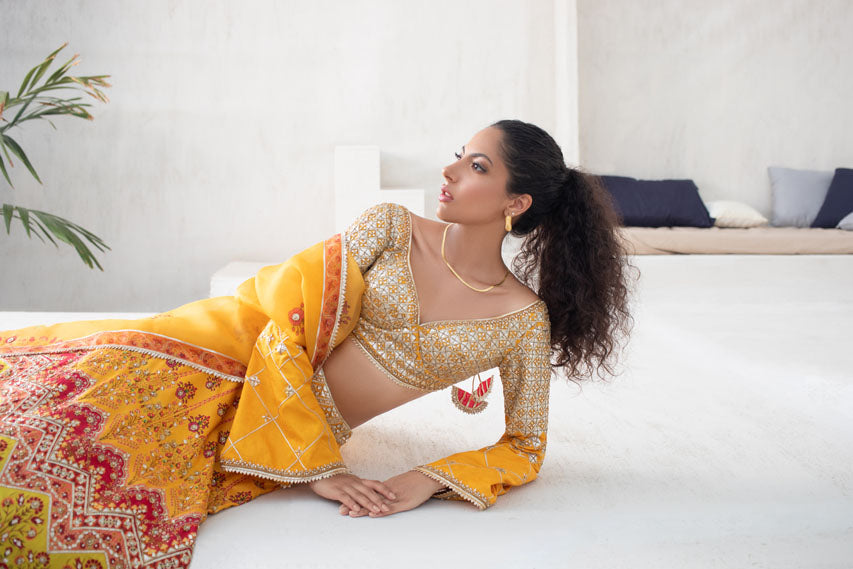 Pakistani Canary Yellow Gota Self Jamawar Lehenga Choli (3-Piece) - Image 4